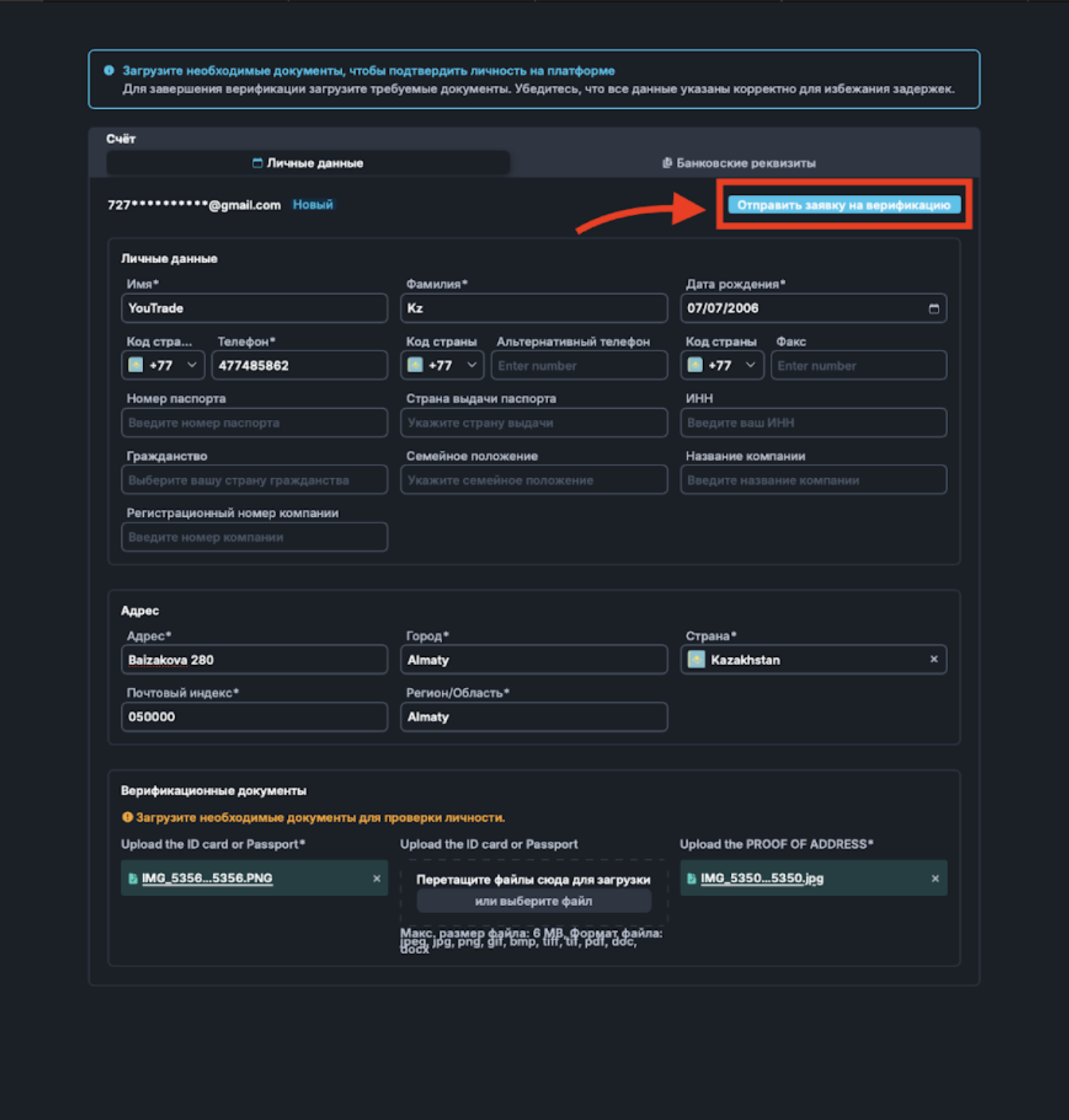 Filling out the form and uploading documents